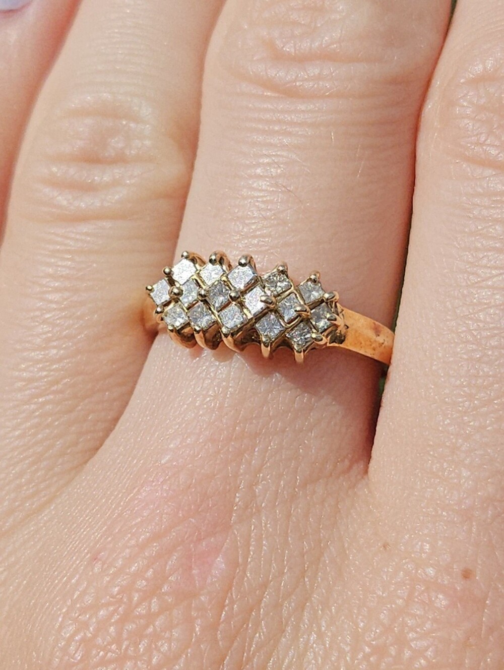 10K Yellow Gold Princess Cut Diamond Cluster Ring Size 7